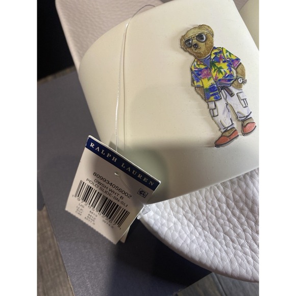 New Polo Ralph Lauren Men\'s Slides White Heritage Beach Polo Bear Hawaiian 13